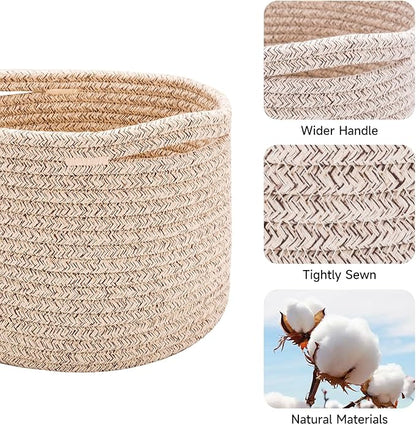 Small Basket for Organizing | Cube Shelf Closet Storage Baskets | 9.7×9.7×7.1” | Woven Rope Gift Basket | Nursery | Round 3 Packs Mixed Brown