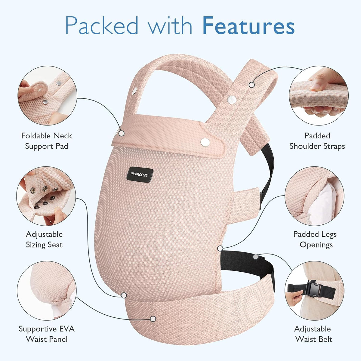 Momcozy Breathable Mesh Baby Carrier, Ergonomic and Lightweight Infant Carrier for 3-24 Months with Enhanced Lumbar Support, All Day Comfort for Hands-Free Parenting, Air Mesh-Pink