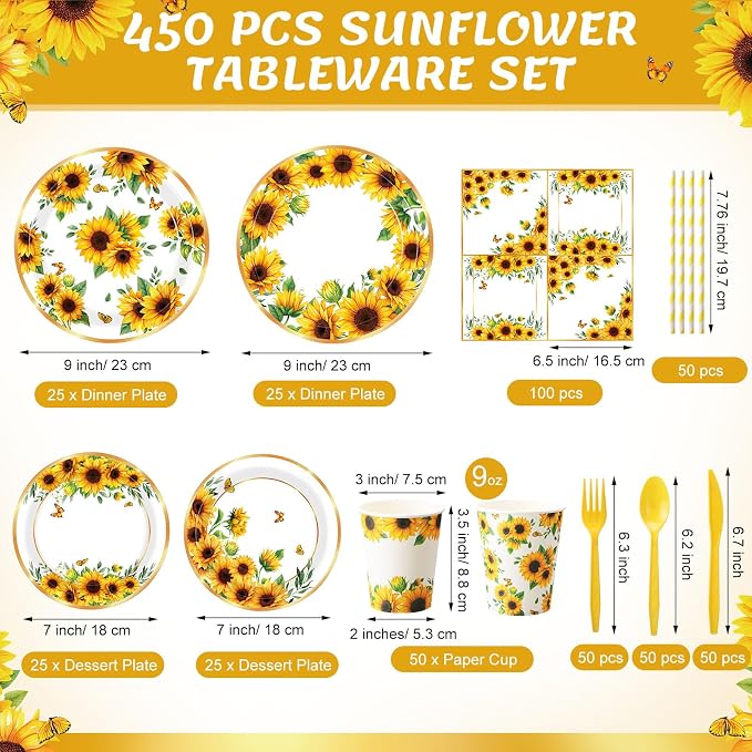 450 Pcs Sunflower Birthday Tableware Set Decorations, Serves 50 | Floral Paper
