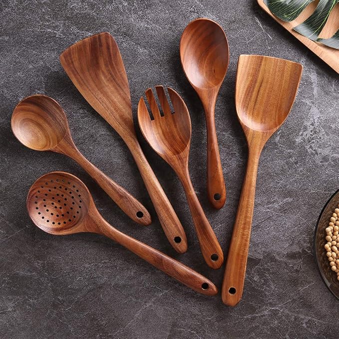 Kitchen Utensils Set, NAYAHOSE Wooden spoons for Cooking Non-stick Pan Kitchen Tool Wooden Cooking Spoons and Wooden utensil storage wooden barrel