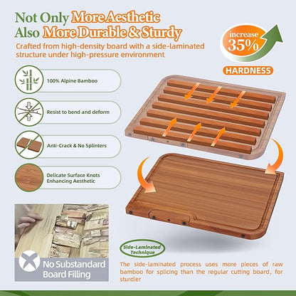 4-PCS Bamboo Cutting Board Set, Wood Cutting Board for Kitchen with Innovative Stand, Juice Groove & Handle, Double Sided for Chopping & Charcuterie Board, Kitchen Gift for Home Cooks, For Meat &Fruit