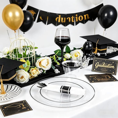SUT 175 Pcs Black and Clear Plastic Dinnerware Set