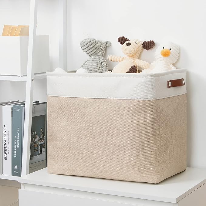 DULLEMELO Large Collapsible Storage Basket/Bin with Sturdy Leather Handles, Fabric Organizer Bin for Storage Clothes, Toys, Books, Office, Bedroom, Closet, Nursery & Laundry (White&Khaki)