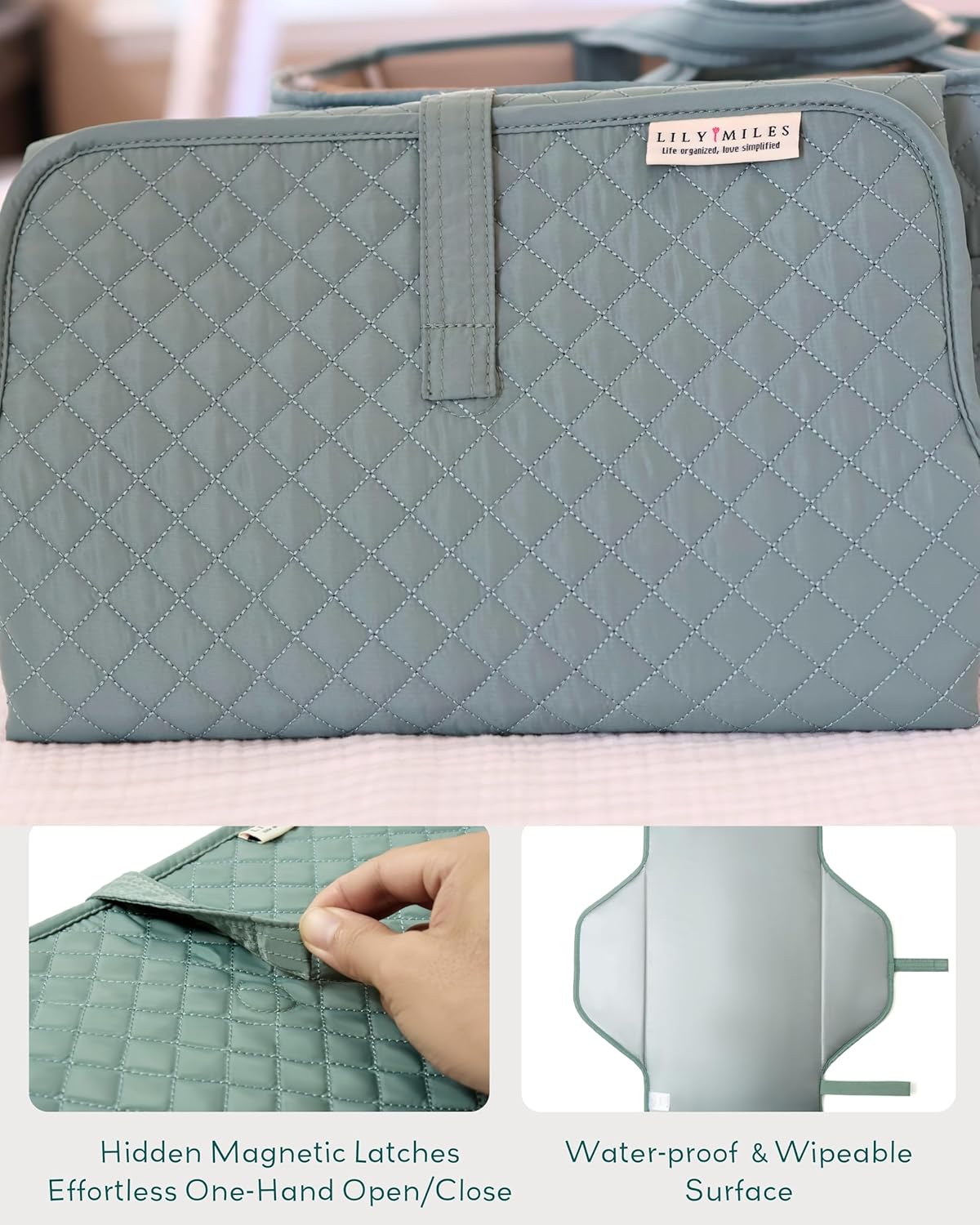 Lily Miles Baby Changing Pad Portable, Diaper Changing Mat with Magnetic Latches, Travel Pad for Diaper Bag, Baby Essentials, Wipeable & Waterproof Mat (Willow Green, Large)