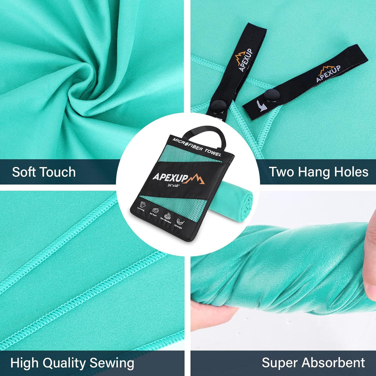 APEXUP Microfiber Travel Towel, Ultra Absorbent Quick Dry Towels, Lightweight Gym Sports Camping Towel for Workout, Yoga, Beach, Shower, Swimming (72"×40", Mint Color)