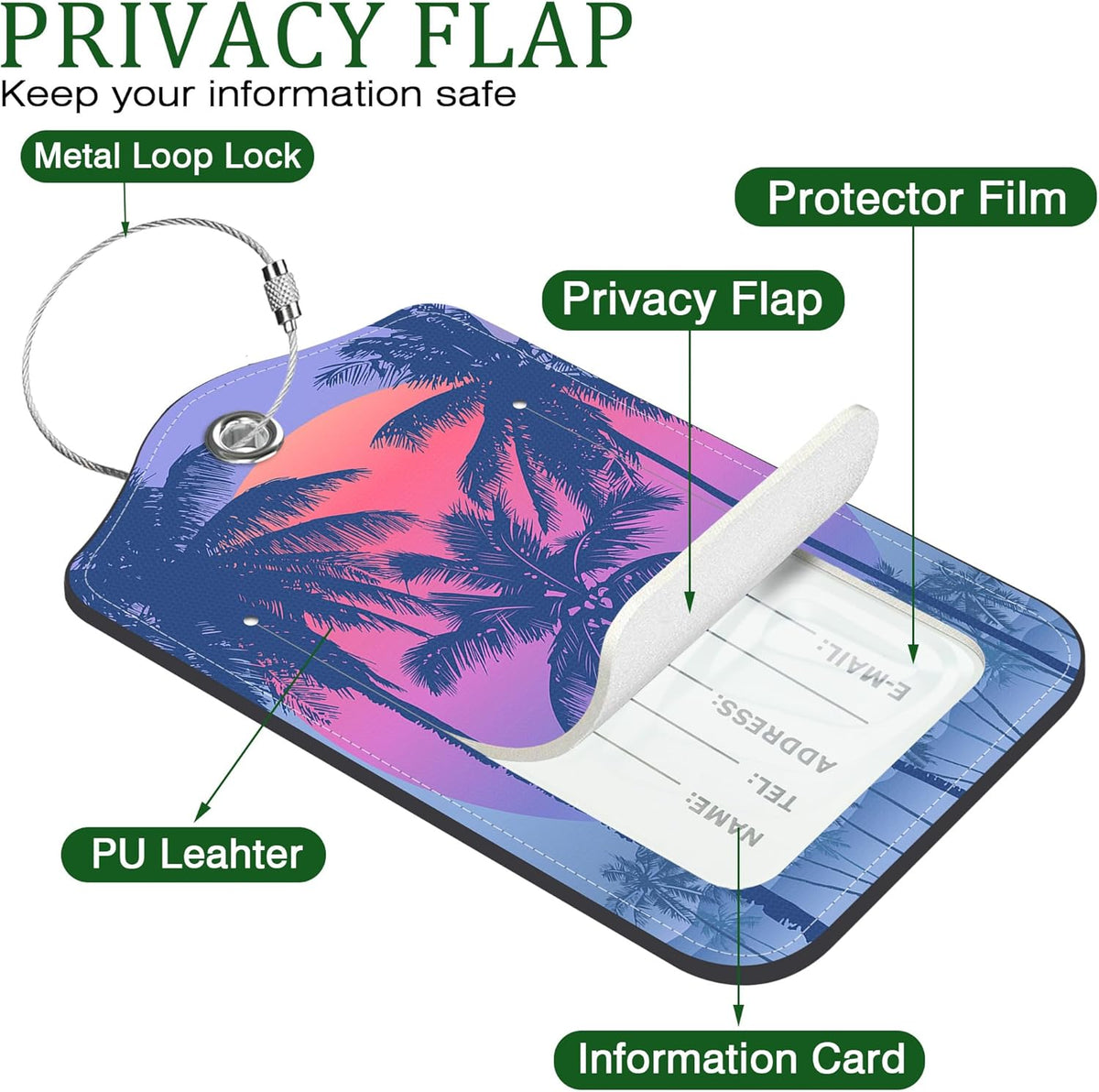 2 Pack Luggage Tag for Suitcase Sunset with Palm Trees Leather Suitcase Tags with Privacy Name ID Label and Stainless Steel Loop for Travel Bag