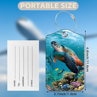 2 Pcs Sea Turtle Luggage Tags for Suitcases PU Leather Baggage Tags Name ID Label with Privacy Cover and Stainless Steel Loop for Men Women Travel Bag Suitcase