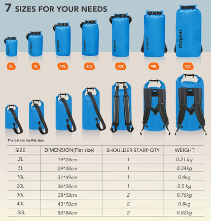 Unigear Dry Bag Waterproof, 2L/5L/10L/20L/30L/40L Floating and Lightweight Bags for Kayaking, Boating, Fishing, Swimming and Camping with Waterproof Phone Case