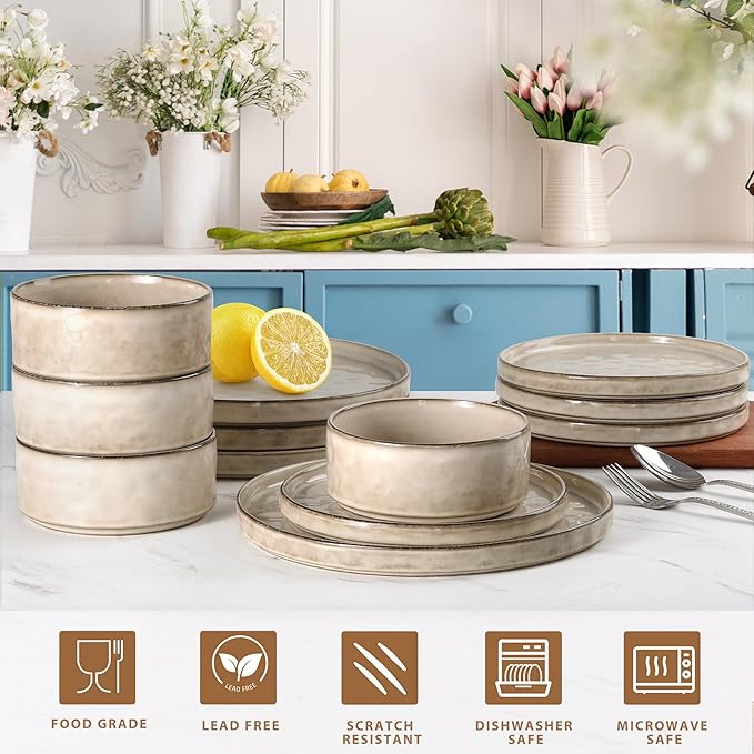 LIANYU Dinnerware Set for 4, 12 Piece Plates and Bowls Ceramic Dish Set, Includes Dinner Salad Plates, Cereal Bowls, Microwave & Dishwasher Safe, Sandy Beige