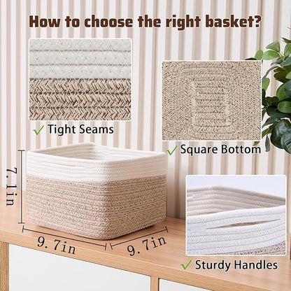 Small Organizing Baskets for Cubes Shelf, 9.7x9.7x7.1 Inch Rope Woven Storage Bins for Nursery Shelves Storage, Cute Toy Basket, Square 3 Packs Off White Brown