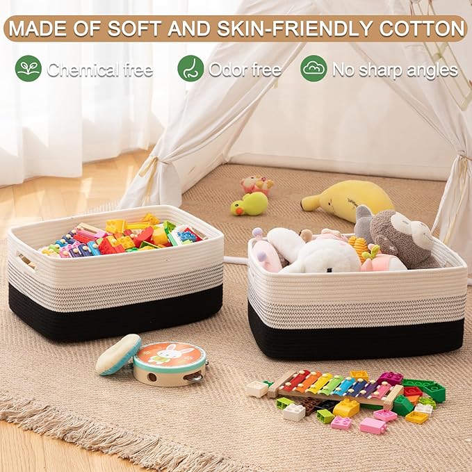 Large Storage Basket for Organizing, Woven Rope Basket for Shelves, Closet Organizer Bins for Clothes, Blanket, Toys, Baby Nursery Storage, 17.7" x 13" x 7.87", 2 Packs Gradient Black