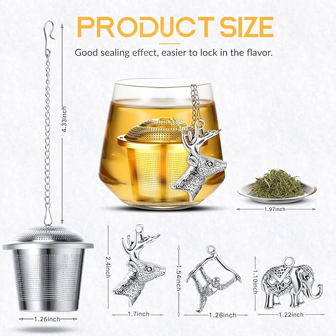 3 Sets Tea Infusers Steeper for Loose Leaf Tea Holder Stainless Steel Tea Ball Mesh Strainer Filters with Drip Trays and Pendant(Animal Style)