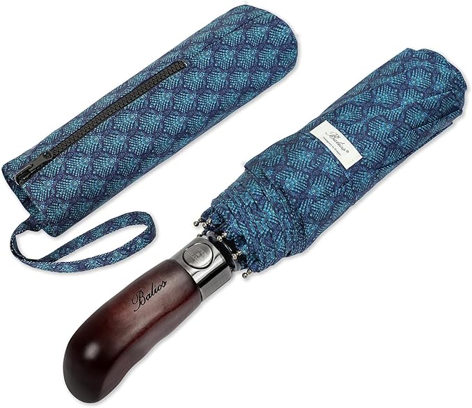 Balios Travel Folding Umbrella with Real Wood Handle Auto Open Close Vented Windproof Canopy - Designed in UK