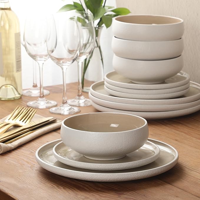 Gibson Elite Pacifco Beach Plates and Bowls Sets, 12-Piece Stoneware Dinnerware