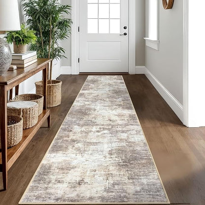 IOHOUZE Abstract Runner Rug 2x10 Ft Washable Runners for Hallways, Non Slip Kitchen Runner Printed Faux Wool Entryway Runner Indoor, Modern Abstract Floor Carpet for Hall Kitchen, Beige Brown