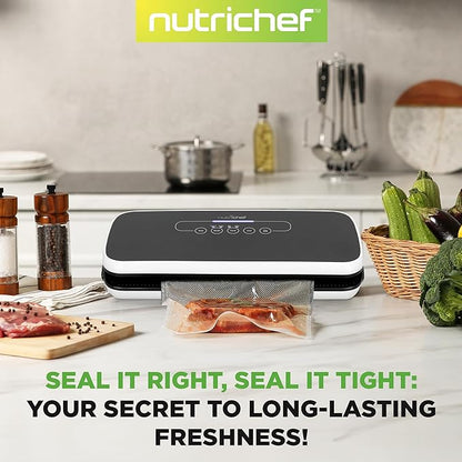 NutriChef Automatic Food Vacuum Sealer, Electric Air Sealing Preserver System for Dry and Moist Foods, LED Control, Strong Suction, Includes Bags, Wine Stopper Cork, and Air Suction Hose, 14”x6”x3”