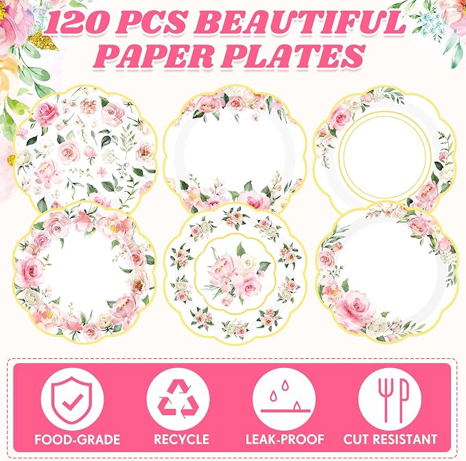 120 Pcs Spring Floral Paper Plates 7 Inch Pink Floral Party Decoration Plates