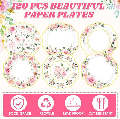 120 Pcs Spring Floral Paper Plates 7 Inch Pink Floral Party Decoration Plates