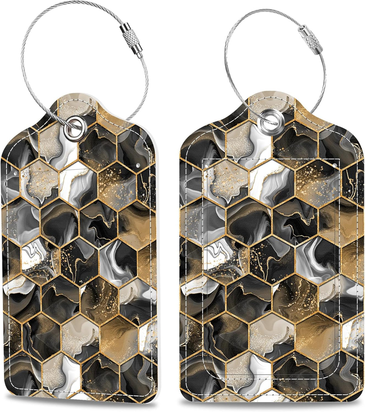 Gold Ink Hexagon Texture Luggage Tags 2PCS PU Leather Suitcases Tag with Stainless Steel Loop and Privacy Name Address Cover Label Card for Women Men Travel