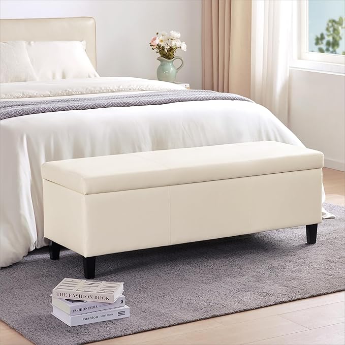 HUIMO Faux Leather Storage Ottoman Bench 50.3 inch Extra Long Upholstered Bedroom Bench with Large Storage Space for The Living Room, Entryway, Bedroom Hold Up to 300lbs (Cream)