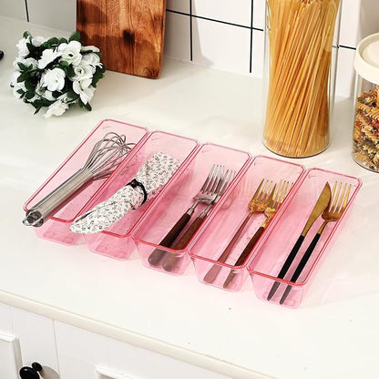 Maitys 12 Pcs Vanity Drawer Organizer 9 x 3 x 2 Inches Clear Plastic Utensil Organizers Kitchen Drawers Dividers for Office Desk Silverware Kitchen Utensils Cosmetics and Bathrooms(Pink)