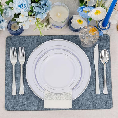 Supernal 800Pcs Silver Plastic Plates,Silver Plastic Dinnerware Set,Disposable Silvery Plates Include 100 Dinner Plate,100 Salad Plate,100 Spoons,200 Forks,100 Knives,100 Cups,100 Napkins for Party