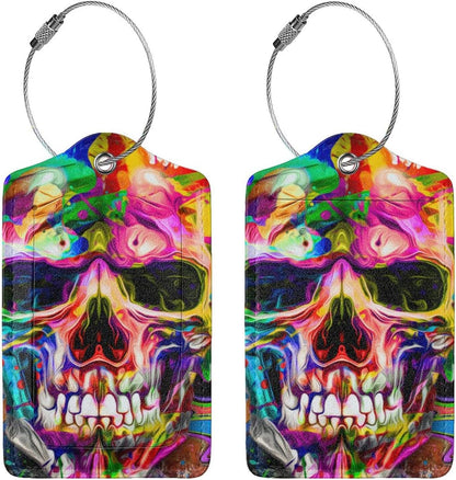 Artistic Skull Leather Luggage Tags for Suitcases with Cool Pattern Print, Waterproof Private Name ID Labels for Travel Baggage Bag Suitcase Lunch Box, Cruise Ships, Travel Accessories Tags