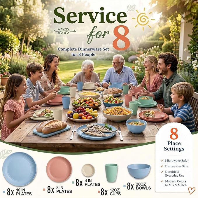 40PCS Dishes Set, Kids Plates and Bowls Set, Unbreakable Dinnerware Set | Wheat