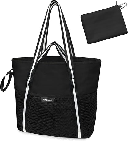 Beach Bag with Zipper - 8 Pockets Sandproof Beach Tote Bag for Women,Foldable Lightweight Family Swim Bag Vacation