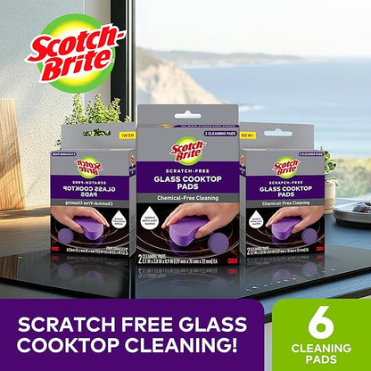 Scotch-Brite Glass Cooktop Pads, Scratch-Free & Non-Abrasive Scrubbers for Glass or Ceramic Stovetops, Cleans Burnt-On Messes with Just Water, Reusable Dishwasher-Safe Design (6 Pads)