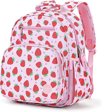 mibasies Girls Backpack 5-8: Lightweight Kids Backpacks for Girls - Girl Bookbag for Elementary School - Strawberry Heart-shaped Pink