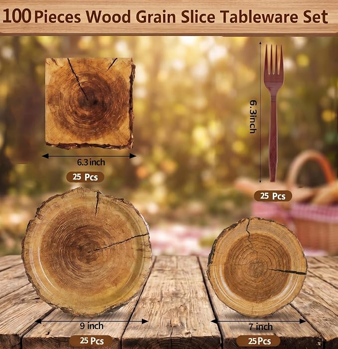 100 Pcs Disposable Rustic Wood Grain Slice Tableware Set
