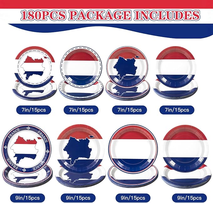 France French Flag Paper Plates and Napkins Party Supplies, Serves 60 | 180Pcs