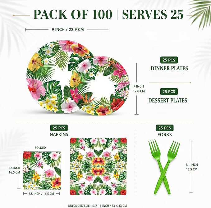100 Pcs Tropical Luau Party Supplies Set, Serves 25 – Disposable Hibiscus