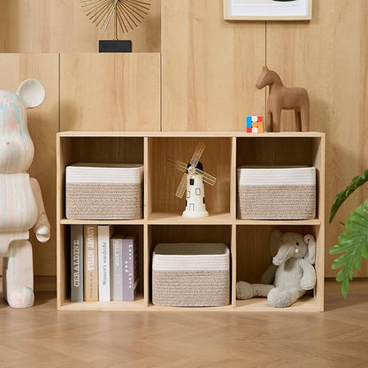 Small Organizing Baskets for Cubes Shelf, 9.7x9.7x7.1 Inch Rope Woven Storage Bins for Nursery Shelves Storage, Cute Toy Basket, Square 3 Packs Off White Brown