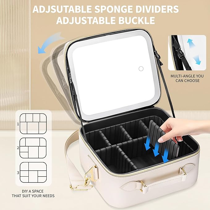 Travel Makeup Bag with Mirror and Light, Cosmetic Artist Organizer Case with LED Mirror, Travel Makeup Case for Cosmetic Brush Holder Storage, Toiletry Case for Women Gift