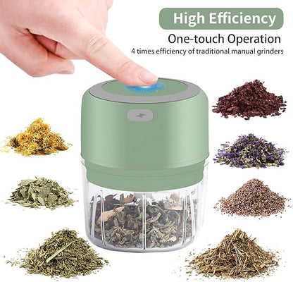 Electric Herb Grinder, 3.5 Inch Large Grinders for Grinding Dry Fresh Herbs and Spice with Clear Chamber, Portable USB Charge Herb Grinder, Including Clean Brush and Tweezers, Gift Box, Green