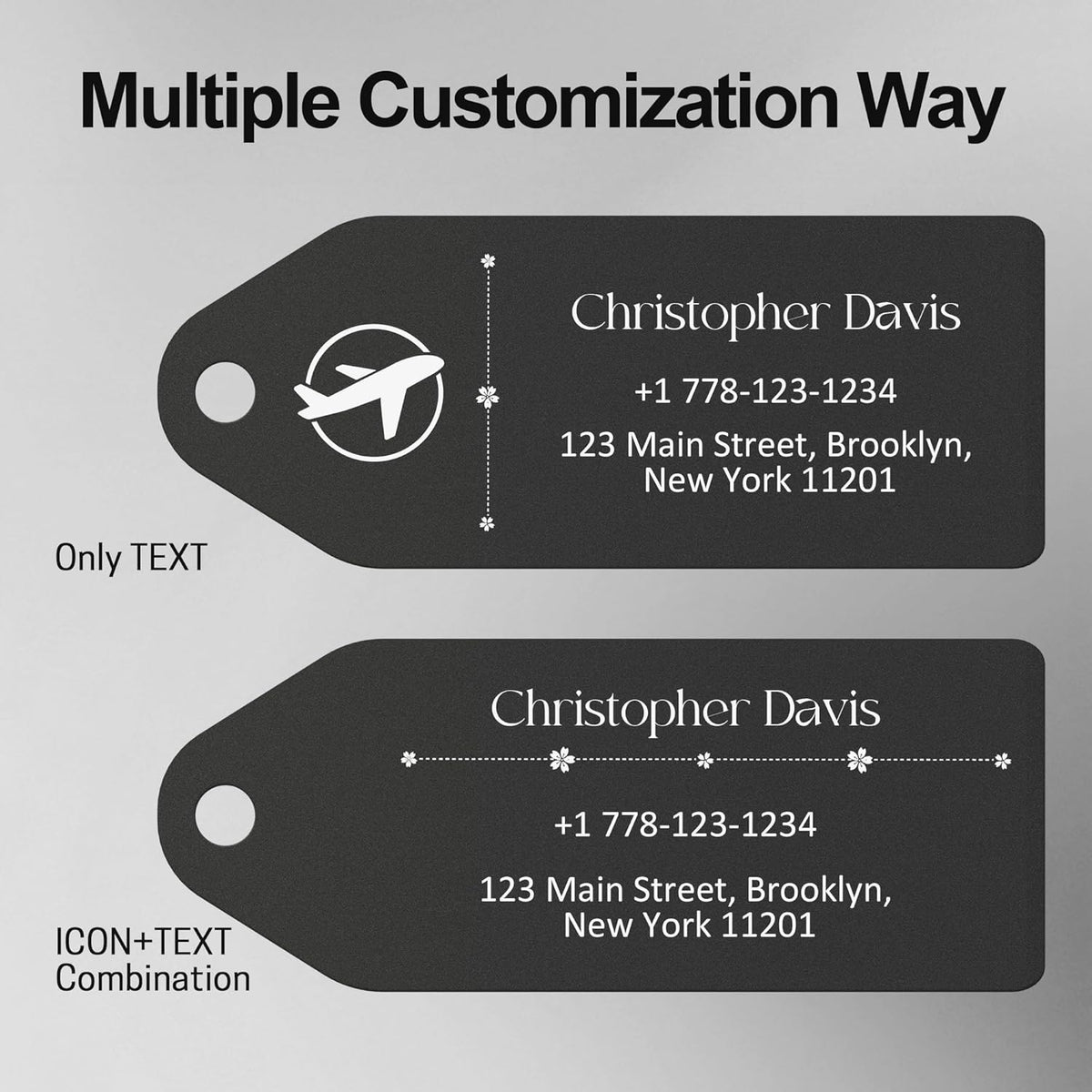 4 PCS Personalized Metal Luggage Tag – Personalized Engraved Suitcase Tag, Backpack Tag, with Matching Color Strap, Waterproof Suitcase Name Badge – Ideal Corporate Gift & Travel Accessory (Black)