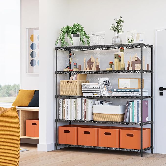 5 Tiers Storage Shelves Load 3300LBS, Metal Shelving Wire Metal Shelving Unit Shelves for Storage Adjustable Garage Shelving for Pantry Kitchen Garage Black 17.7" D x 59.1" W x 70.4" H
