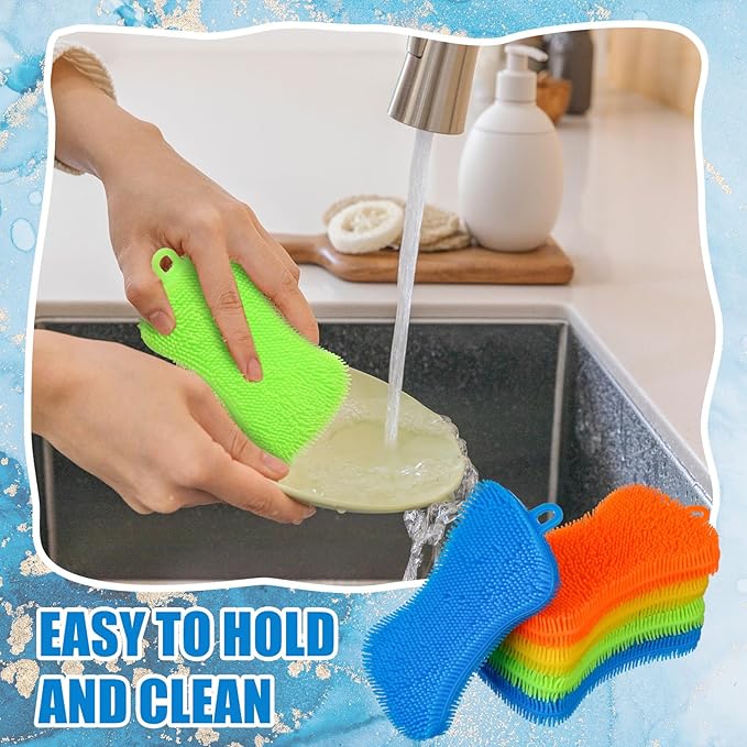 Patelai 10 Pieces Silicone Dish Sponge Silicone Scrubber Reusable Kitchen Scrubbing Cleaning Sponge Soft Dish Scrubber for Fruit Vegetable (Hanging Brush)