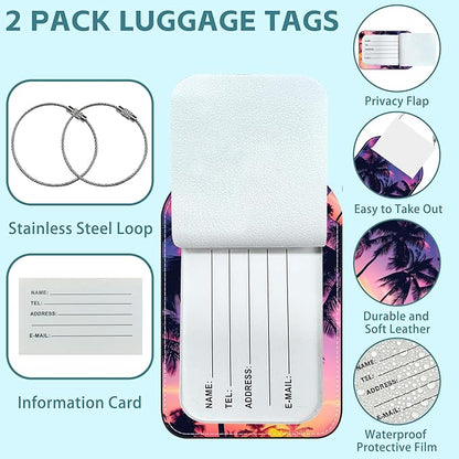 Palm Tree and Sunset Luggage Tag for Suitcase Set of 2 PU Leather Cute Luggage Tags with Stainless Metal Loop ID Label Privacy Flap Suitcase Tags for Women and Men Travel