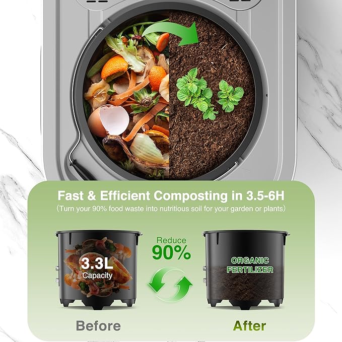 3.3L(Max) Electric Composter for Kitchen, Smart Countertop Compost Bin with Low Noise, Odorless, Auto Self-Cleaning, LED Display, Turns Food Waste to Fertilizer for Home