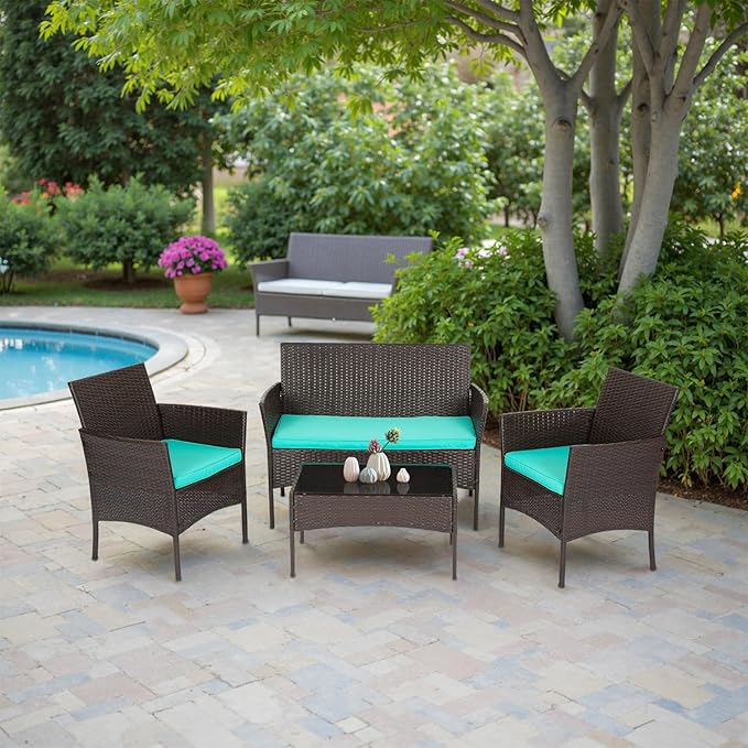 FDW | 4-Piece Patio Furniture Set | Brown & Blue | Outdoor Wicker Furniture