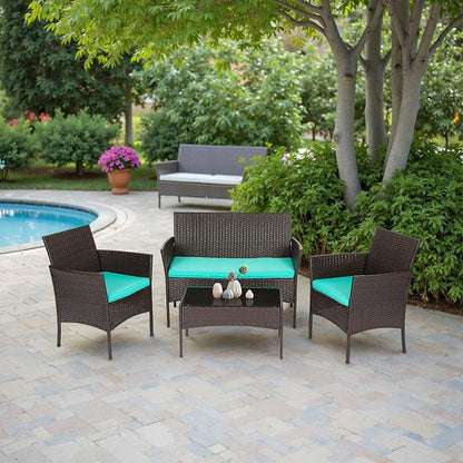 FDW | 4-Piece Patio Furniture Set | Brown & Blue | Outdoor Wicker Furniture