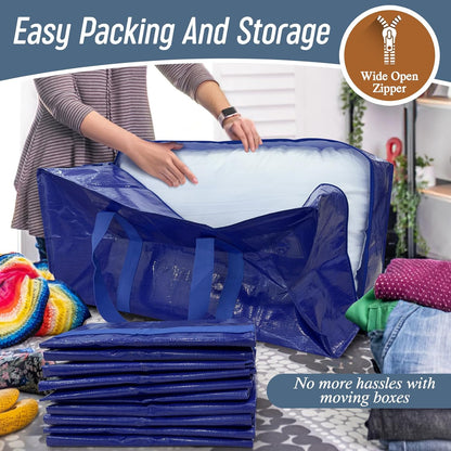 12 Pack Extra Heavy Duty Large Moving Bags with Strong Zipper & Comfortable Handles, Sturdy & Durable Clothes Storage Bags Totes Bins, Packing Moving Boxes for College Supplies, Blue