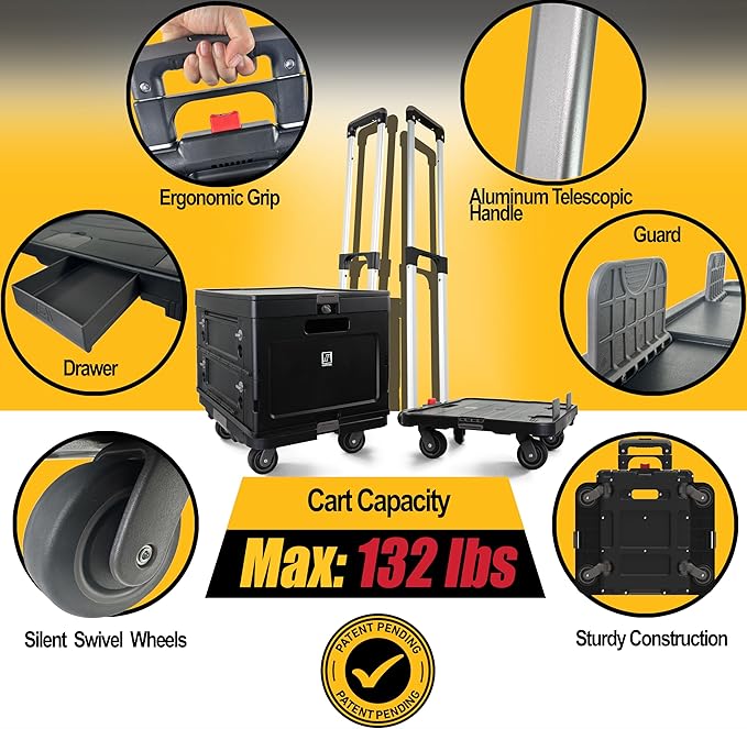 Wellmax WM99800BK Rolling Crate Cart with Wheels, Foldable Utility Cart for Teachers, Shopping, Office | Silent Wheels, Aluminum Handle, 132 lbs Capacity – Black