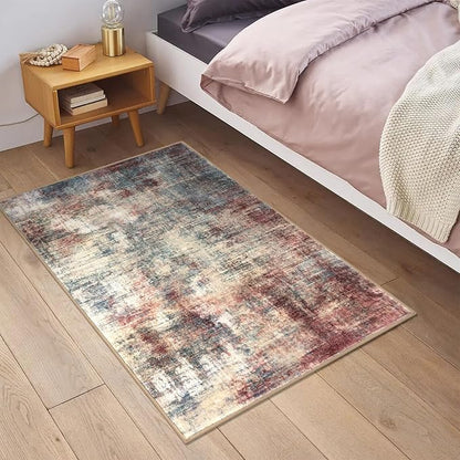 IOHOUZE Small Abstract Area Rug 2x3 Ft Entryway Rugs Washable Door Mat Indoor Entrance, Rubber Backed Throw Rugs, Printed Faux Wool Non Slip Floor Carpet for Foyer Front Door Sink, Red/Multi