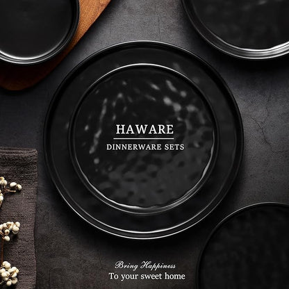 HaWare Dinnerware Sets, 12-Piece Plates and Bowls Set, Matte Black | Stoneware