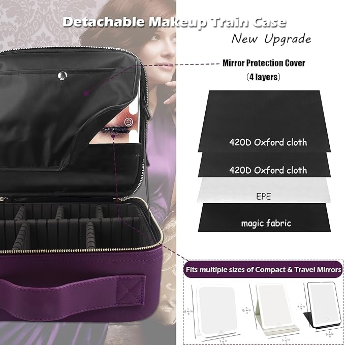 MOMIRA Travel Makeup Bag Cosmetic Bag with Lighted Mirror, Adjustable Brightness in 3 Color Scenarios, Waterproof, 10x Magnifying Mirror, Rotatable Independent Light Mirror- Deep purple (Solid)