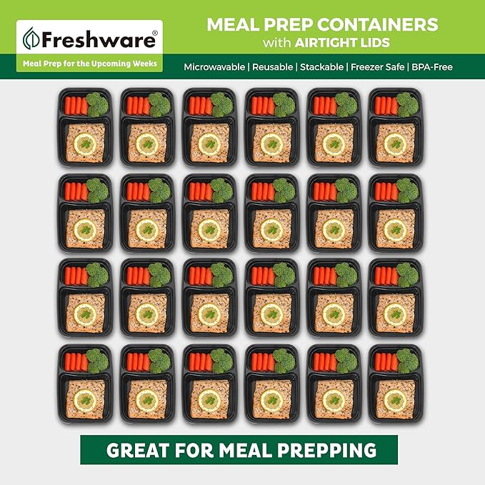 Freshware Meal Prep Containers [50 Pack] 2 Compartment with Lids, Food Storage Containers, Bento Box, BPA Free, Stackable, Microwave/Dishwasher/Freezer Safe (28 oz)